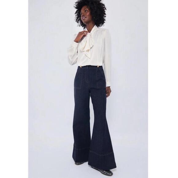 Tuckernuck Navy Wide-Leg Dark Denim Pants India Hicks Size 10 NWT - Picture 2 of 6